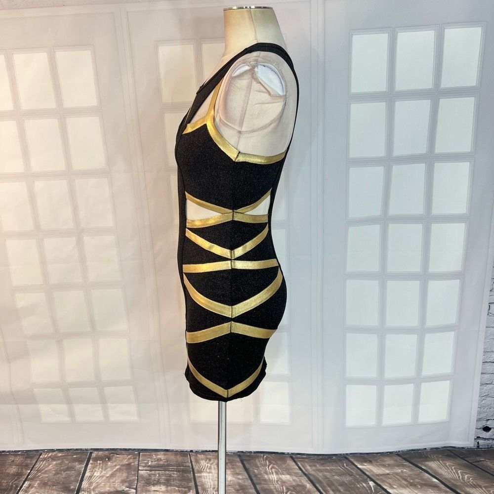 Bebe Addiction Cut Out Gold Metallic Bandage Bodycon Black Mini Dress Size S - Picture 6 of 10